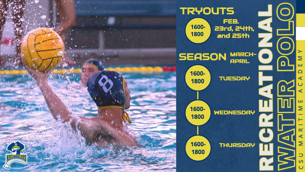 Recreational water polo starts this March. Tryouts are Feb. 23, 24th, & 25th from 1600-1800. Games will be March to April on Tues, Wed, & Thurs from 1600-1800